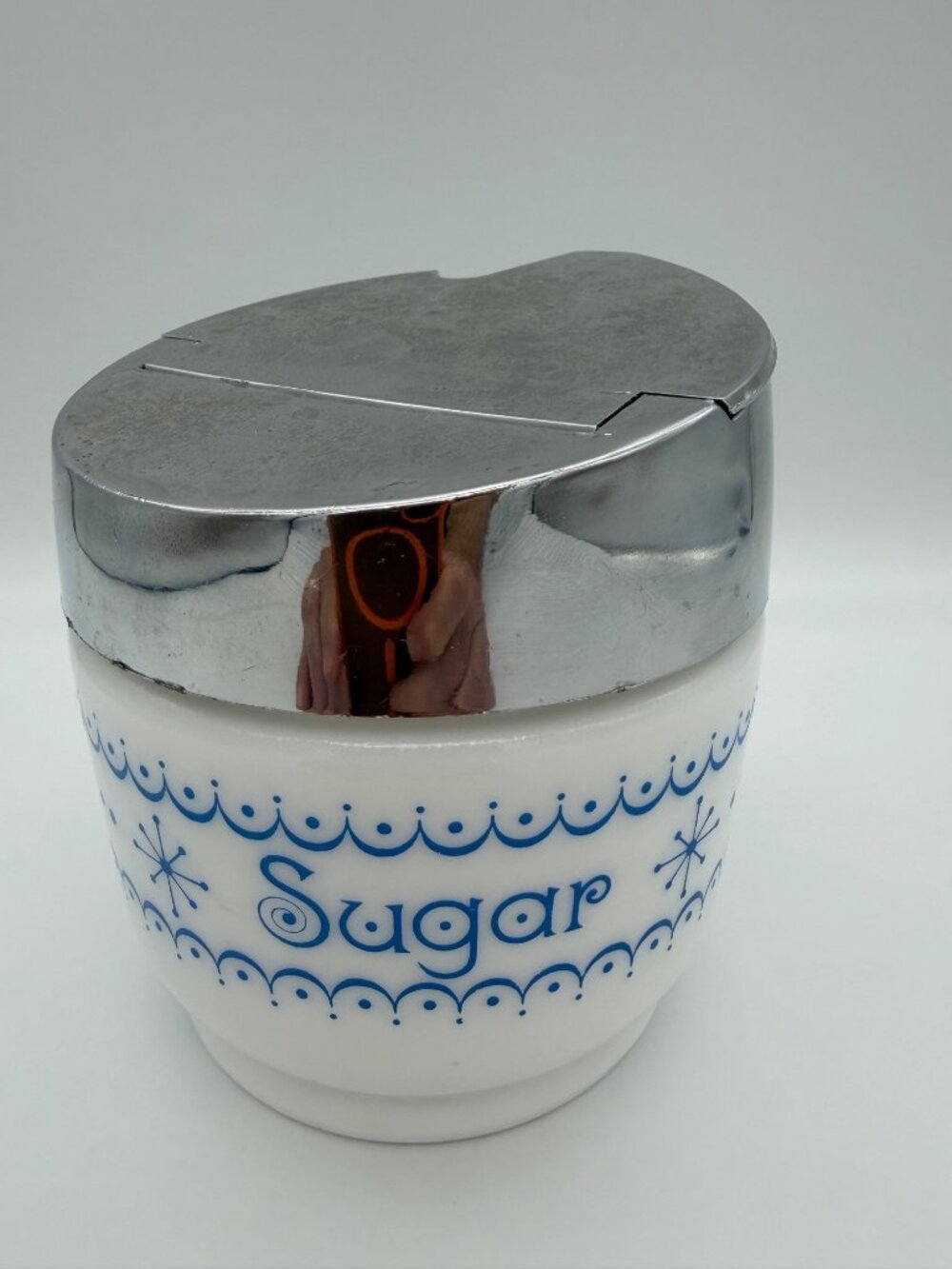 Vintage Gemco Blue Snowflake Garland Milk Glass Sugar Bowl Chrome Lid MCM US 70s